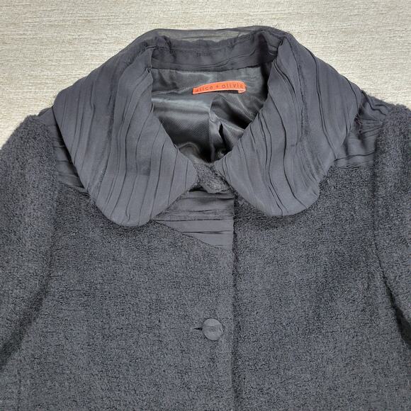Alice + Olivia Boucle Wool Jacket Womens M Black Silk Crepe Trim Cropped Buttons - Picture 10 of 16